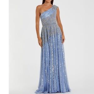 LIKE NEW!! Mac Duggal Glitter Sequin Blue One-Shoulder Gown NWOT